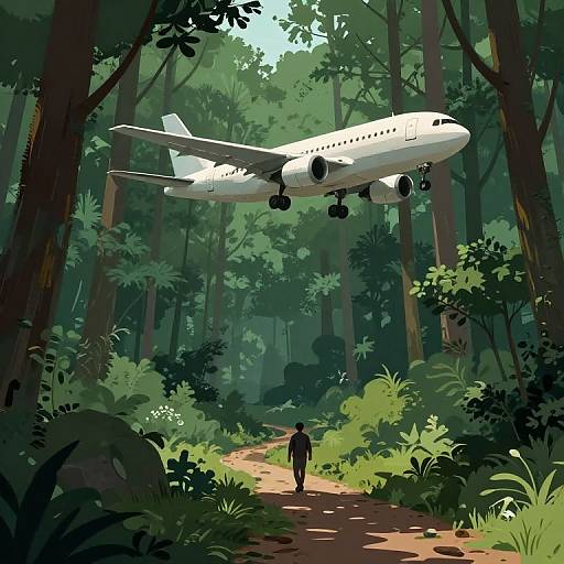 Digital illustration of a lone figure walking on a forest path with a white airplane flying overhead among tall trees and dense greenery.