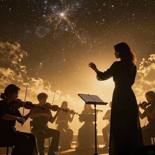 Silhouetted musicians, including a conductor, perform against a dramatic, star-filled sky with glowing clouds and bright sunset, creating a celestial backdrop.