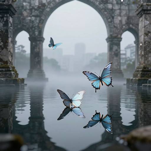 Metallic Butterflies Over Misty Water