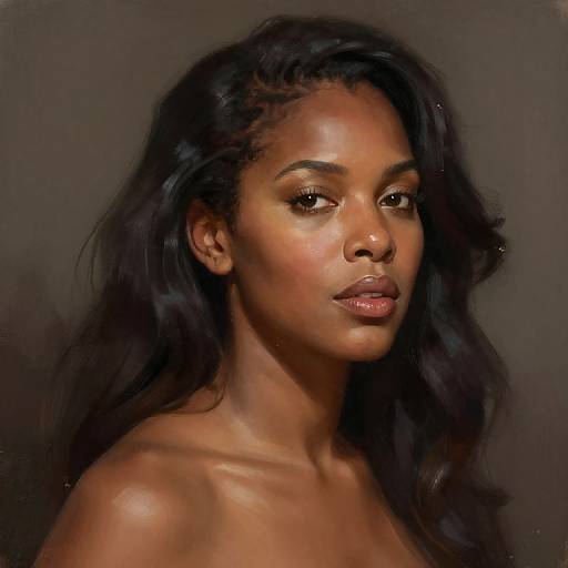 Digital portrait of a beautiful, dark-skinned woman with long, wavy black hair and glowing skin, gazing confidently at the camera against a dark