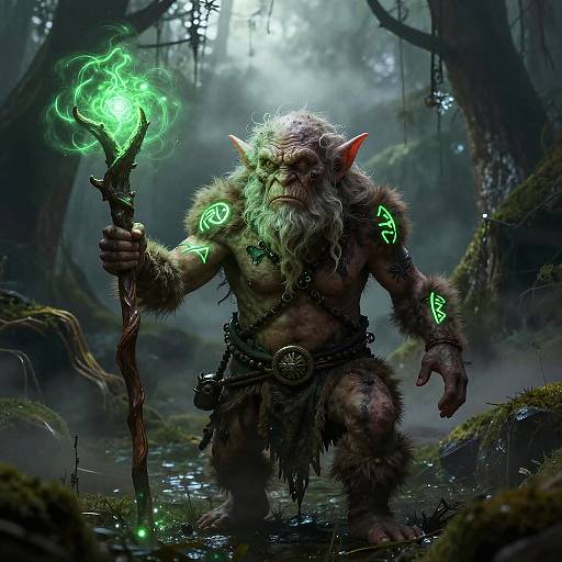 Digital art: Muscular, bearded orc with glowing green tattoos, holding a green flame-tipped staff, standing in a misty, forested
