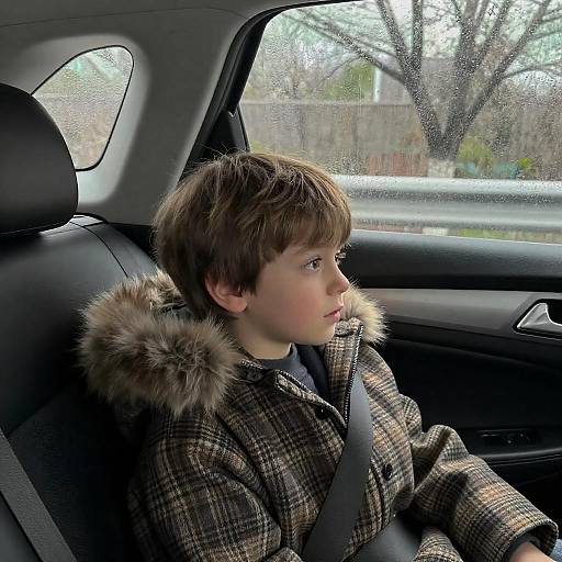 Boy in Car with Plaid Coat