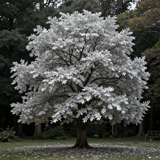 Photograph of a large, white-leaved tree in a dark forest, with dense foliage and a grassy, speckled ground.