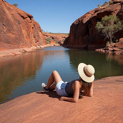 Photograph of a woman in a white sunhat, gray tank top, and white shorts, lying on a red rock by a calm river in a