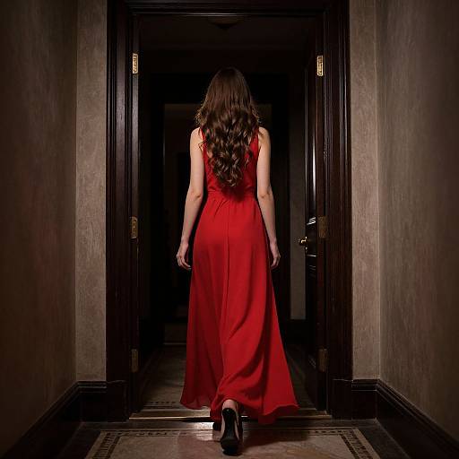 Photograph of a woman with long brown hair in a red, sleeveless evening gown walking away down a dimly lit hallway.