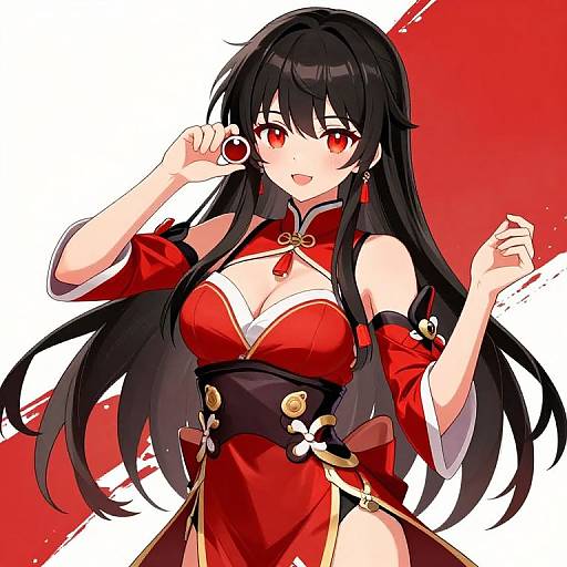 Anime-style digital drawing of a cute, red-eyed, black-haired woman with large breasts, wearing a red and white outfit, holding a cherry, against