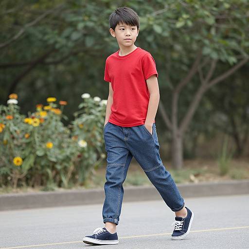 Photograph of a young Asian boy with short black hair, wearing a red shirt, blue jeans, and black sneakers, walking on a wet, tree