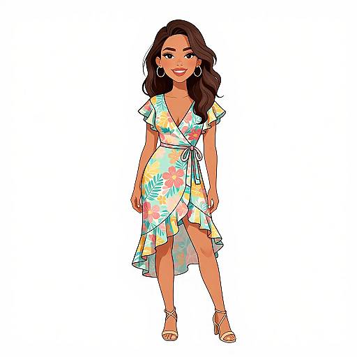 Digital illustration of a smiling woman with long dark hair, wearing a colorful floral dress, white sandals, and hoop earrings, standing against a plain white background