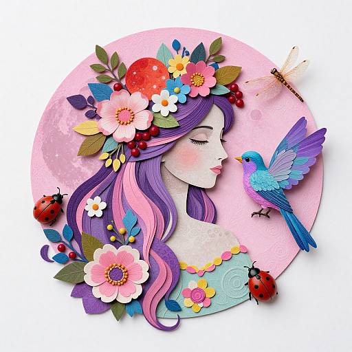 Digital illustration of a fair-skinned woman with purple and pink hair, adorned with colorful flowers, a blue bird perched on her shoulder, and a