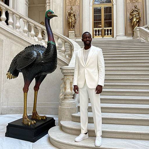 Photograph of a tall, dark-skinned man in a white suit standing beside a life-sized, detailed peacock statue on grand marble stairs in an