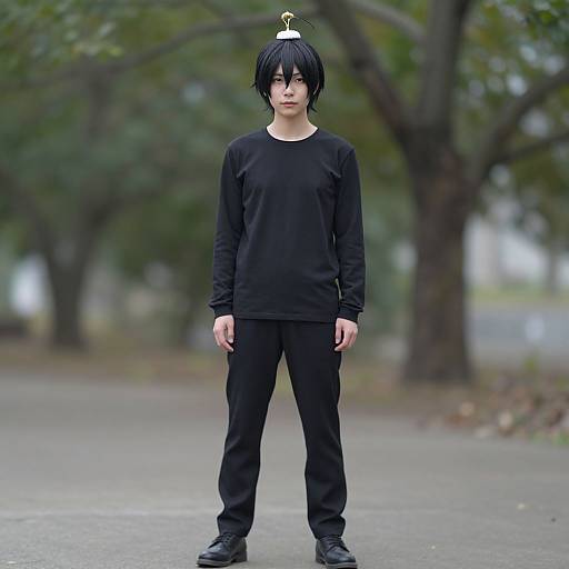 Photograph of a young Asian man with black hair and bangs, wearing a black long-sleeve shirt and pants, standing on a park path