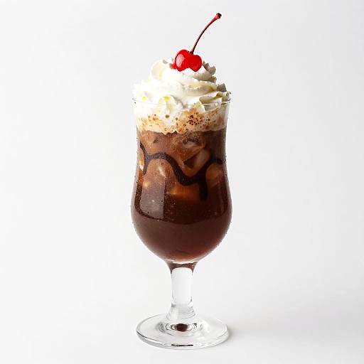 Photograph of a glass dessert cup filled with dark chocolate milkshake, ice cubes, topped with whipped cream, cocoa powder, and a red cherry.