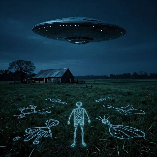 Photograph of a glowing blue human figure with outlined UFO, aliens, and barn under a dark, cloudy night sky.