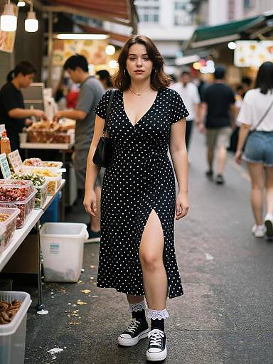 Photograph of a young woman with wavy brown hair, wearing a black polka dot dress with a thigh-high slit, black Converse sneakers,