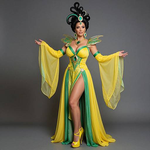 Photograph of a woman in a vibrant yellow and green, Asian-inspired, fantasy costume with wide sleeves, high slit, and ornate headdress,