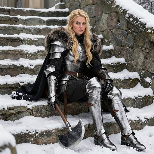 Blonde Warrior Woman in Silver Armor Sitting on Snowy Stone Steps