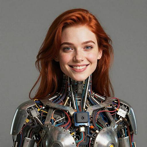 Photograph-style CGI of a smiling red-haired woman with a cybernetic chest and shoulders, featuring exposed wires and metallic components.