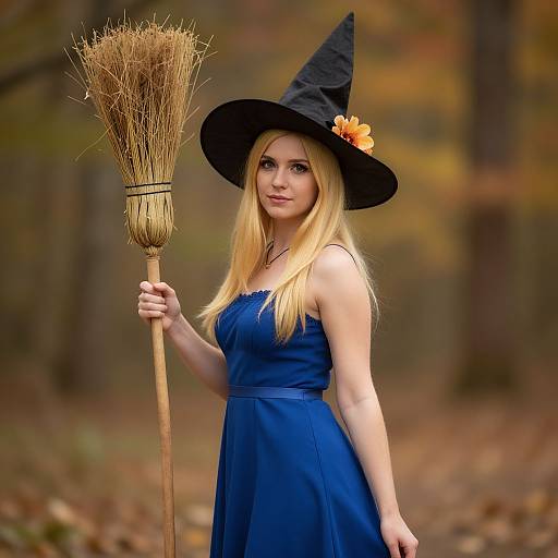 Photograph of a blonde woman in a blue dress and black witch hat, holding a broom, standing in a autumn forest.