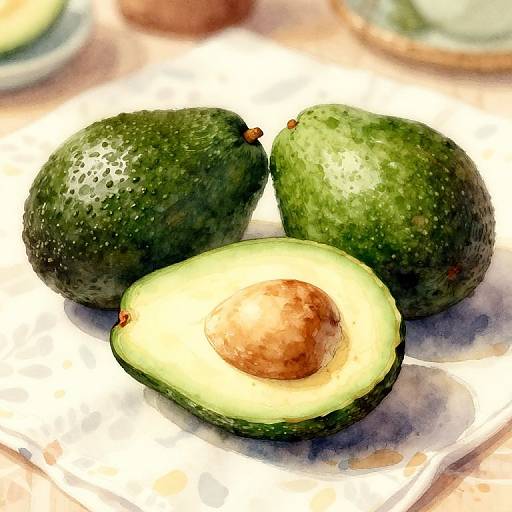 Photograph of three green avocados, one halved with a brown, oval seed, on white crinkled paper background. Bright, vivid