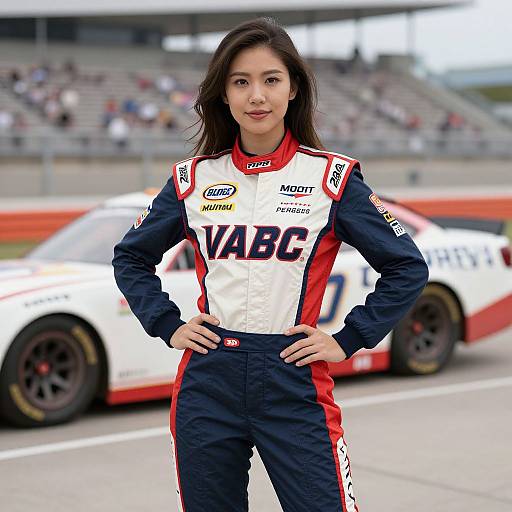 Photograph of an Asian female race car driver with long black hair, standing confidently in front of a white and red race car on a racetrack