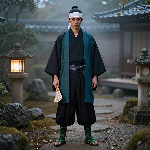 Photograph of a young Asian man in traditional Japanese attire, standing in a misty garden with stone lanterns and a wooden fence. He wears a