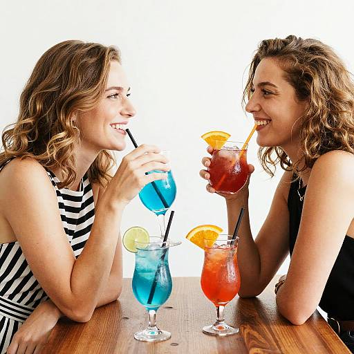 Photograph of two smiling women with wavy hair, one in a black-and-white striped dress, sipping colorful cocktails at a wooden table.