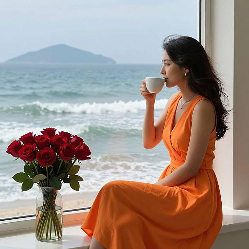 Elegant Woman in Orange Dress by Window