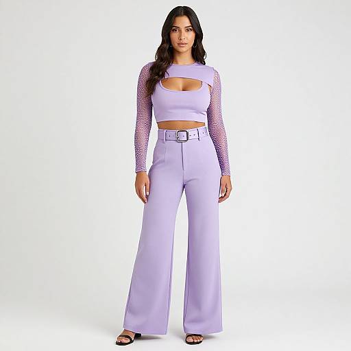 Photograph of a woman with long black hair, wearing a white crop top with cutout, white high-waisted wide-leg pants, and black