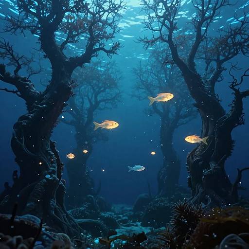 Photograph of a deep blue underwater forest with five glowing yellow fish swimming among dark, twisted, leafless trees and small glowing orbs.