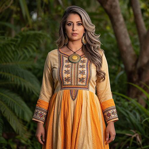 Photograph of a woman with long, wavy gray-blonde hair, wearing an ornate yellow traditional dress with intricate embroidery, standing in a