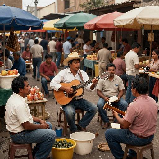 Photograph of a lively outdoor market with men seated on stools, playing guitar and rifle, under colorful umbrellas, surrounded by fruit and vegetables.