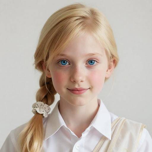 Photograph of a young blonde girl with blue eyes, wearing a white shirt, light beige suspenders, and a white hair scrunchie in her