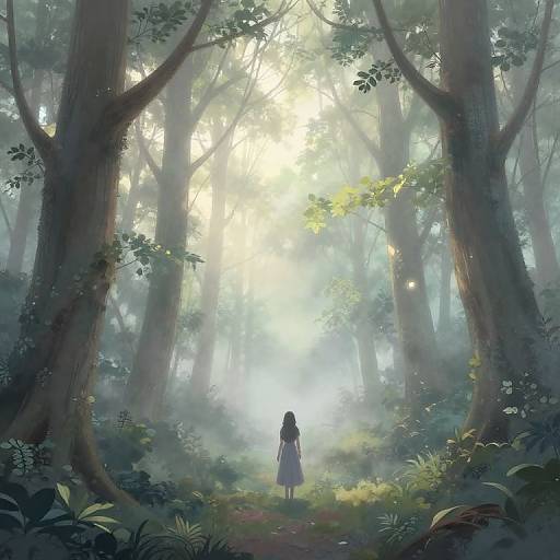 Digital fantasy art of a lone girl in a blue dress standing in a misty, sunlit forest with tall trees and lush greenery.