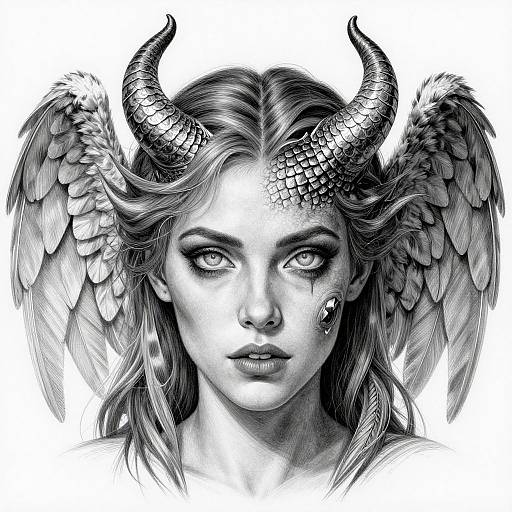 Monochrome digital drawing of a fierce, winged demoness with detailed scales on horns, intense eyes, and feathered wings, showcasing intricate textures and