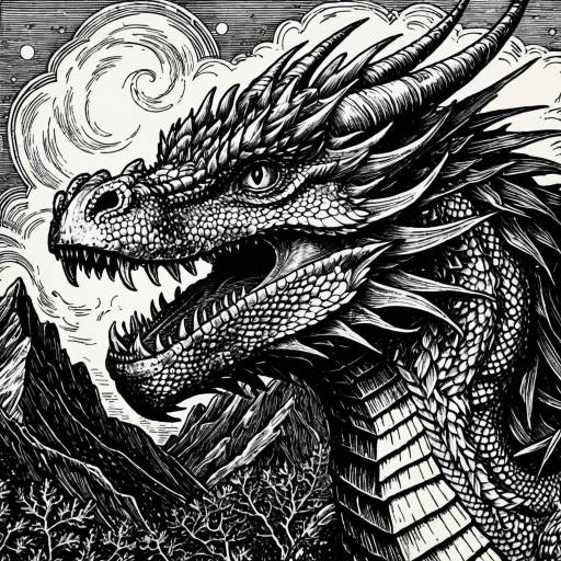 Intricate Woodcut of a Fire-Breathing Dragon
