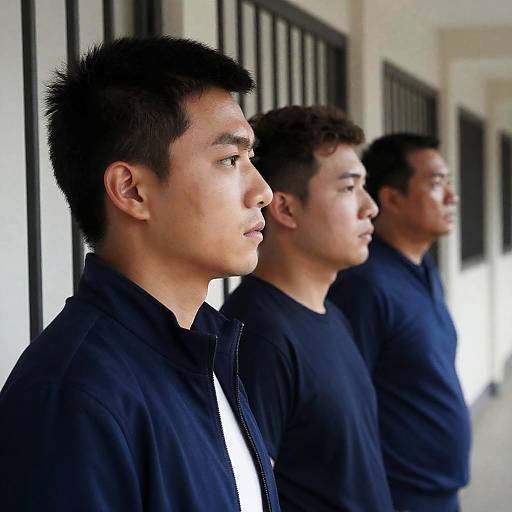 Intense Gaze: Three Men in a Hallway