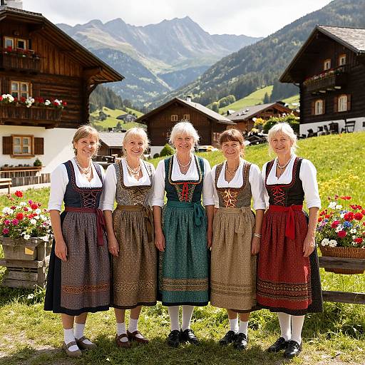 Photograph of five elderly white women in traditional Alpine dresses, standing in front of wooden chalets with mountainous background. Bright sunlight, colorful flower pots