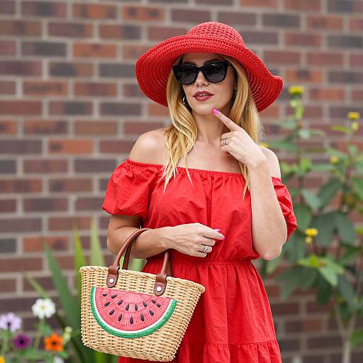 Woman in Red Dress with Watermelon Purse