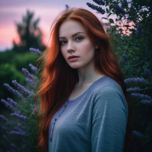 Portrait of young red-haired woman in lavender garden