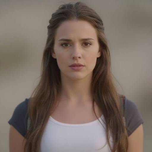 Photograph of a young Caucasian woman with long brown hair, wearing a white tank top and black sleeves, looking serious against a blurred outdoor background.
