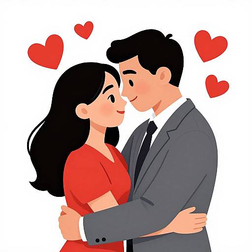 Cartoon Couple Embracing with Hearts