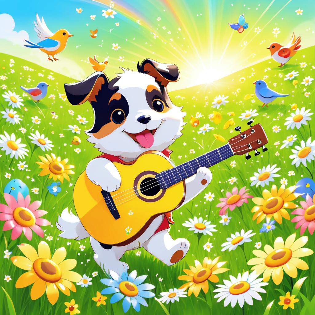 Joyful Puppy Playing Guitar in Meadow