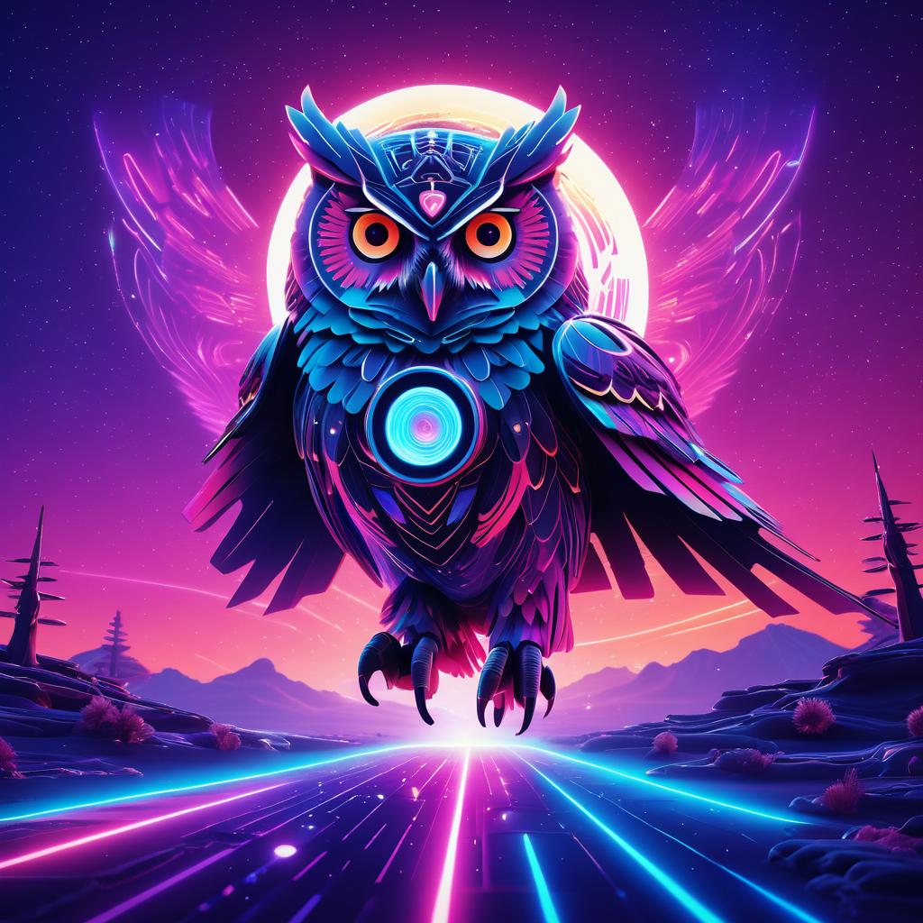 Synthwave Owl in Surreal Landscapes