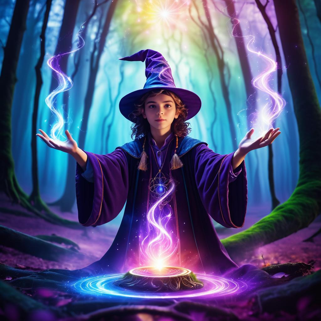 Young Wizard Conjuring Magic in Forest