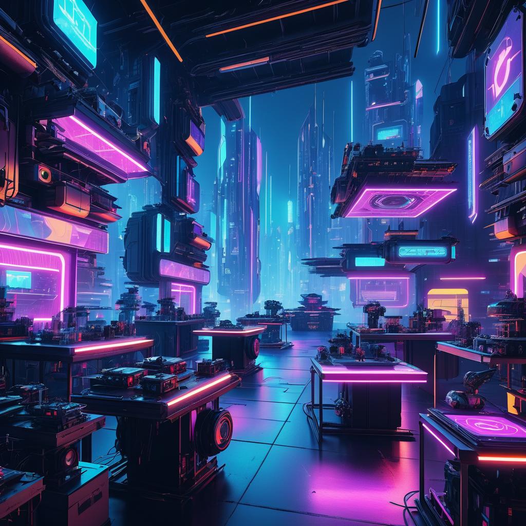 Futuristic Cyberpunk Robot Workshop Scene