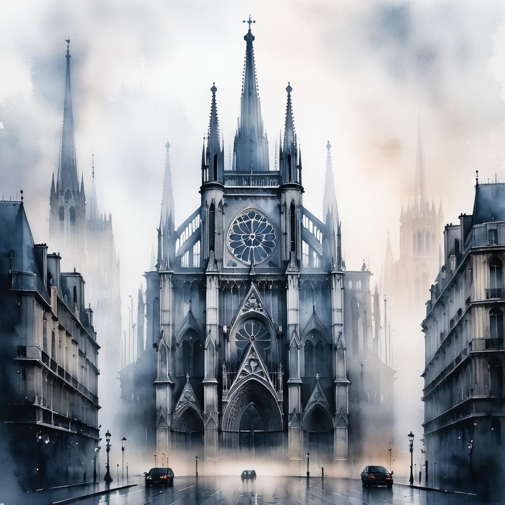 Gothic Cathedral in Foggy Paris Dawn