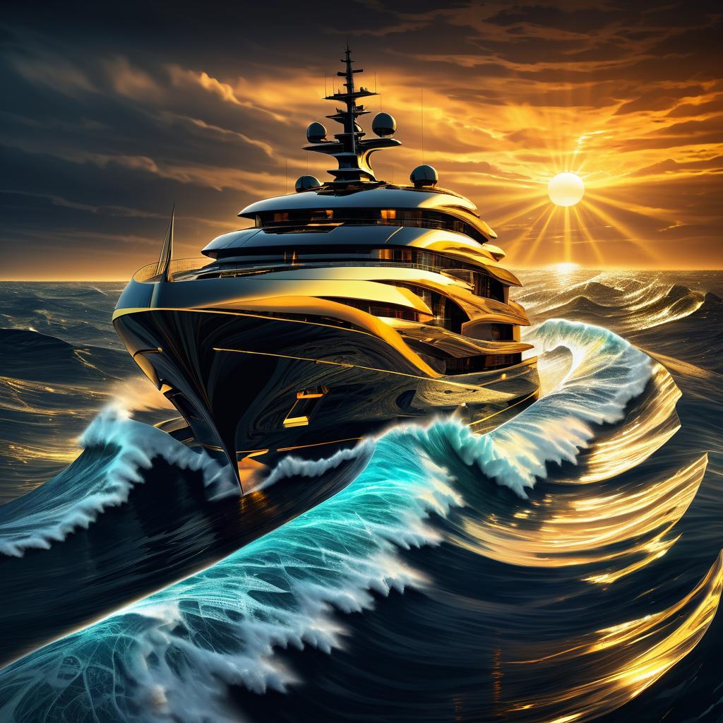 Futuristic Yacht at Sunset on Turbulent Waves