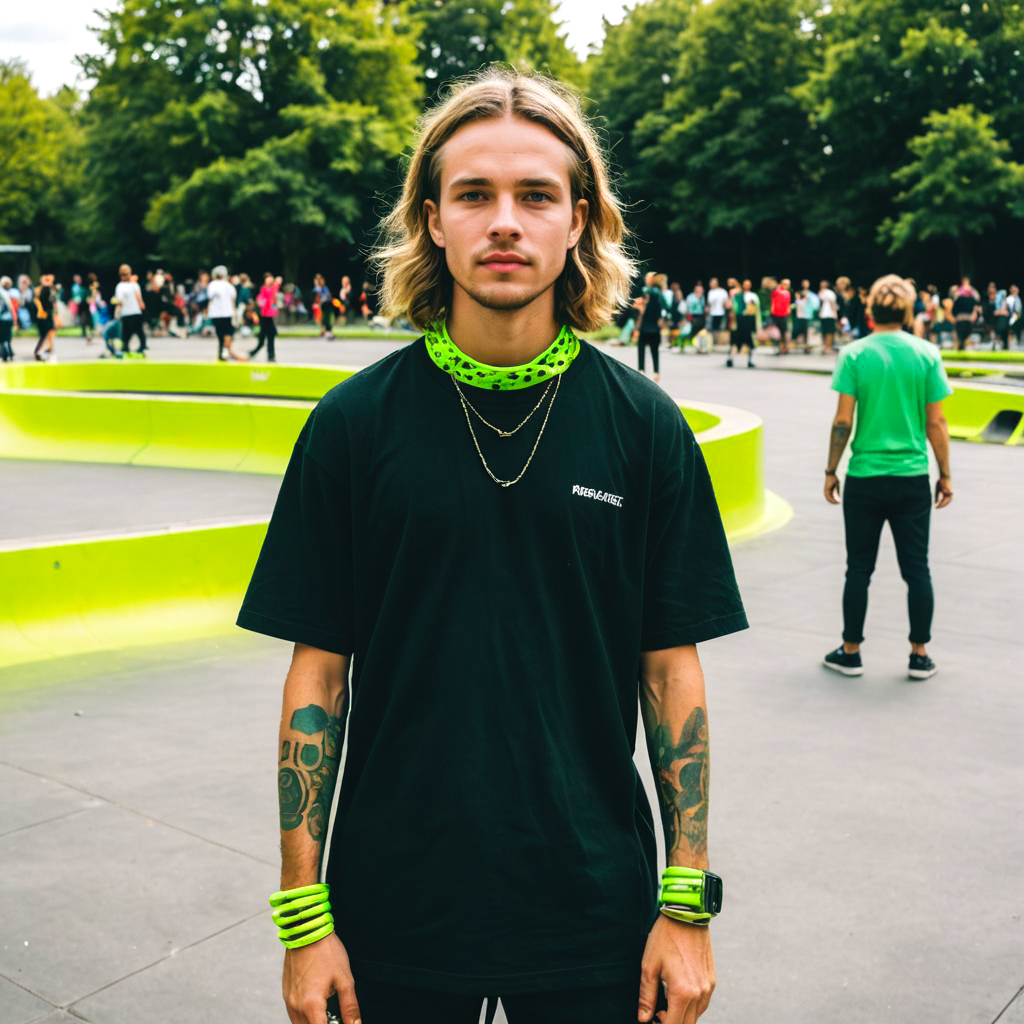 Neon Skateboarder in Bustling Park