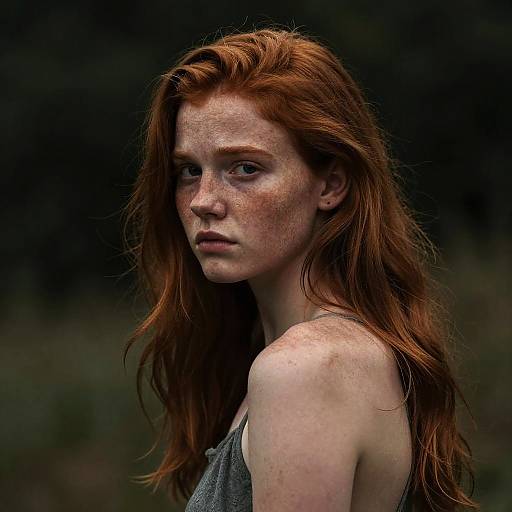 Photograph of a fair-skinned, red-haired woman with freckles, wearing a gray tank top, looking pensively to the side against a