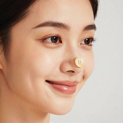 Close-up photograph of a smiling Asian woman with fair skin and dark hair, wearing a single yellow button on her nose. White background.